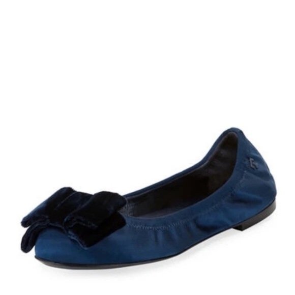 Tory Burch Shoes - Tory Burch Viola Bow Ballet Flats, featuring a navy blue satin upper and bows.
